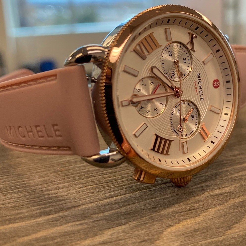 MICHELE Sporty Sport Sail Two-Tone Rose Pink Silicone Ladies Watch ~ 38mm